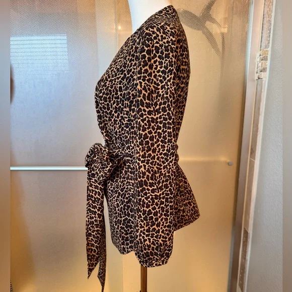 J. CREW Sara Drapey Wrap Brown & Black Leopard Print Blouse w Tie Bow - Picture 4 of 11